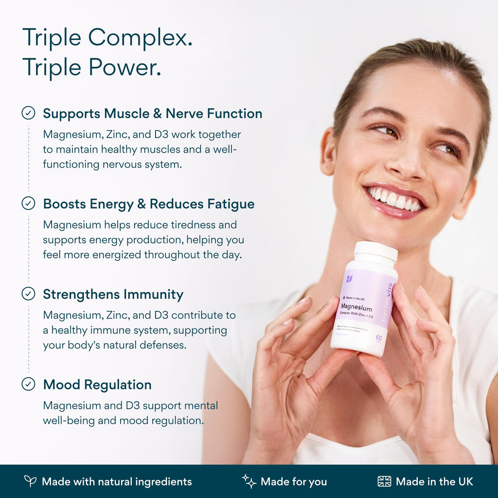 Bettervits Magnesium Glycinate Complex with Citrate Malate Zinc & Vitamin D3 | High Absorption Pure Magnesium 225mg Supplement Chelated Formula for Muscle Relaxation, Sleep Support – 60 Capsules
