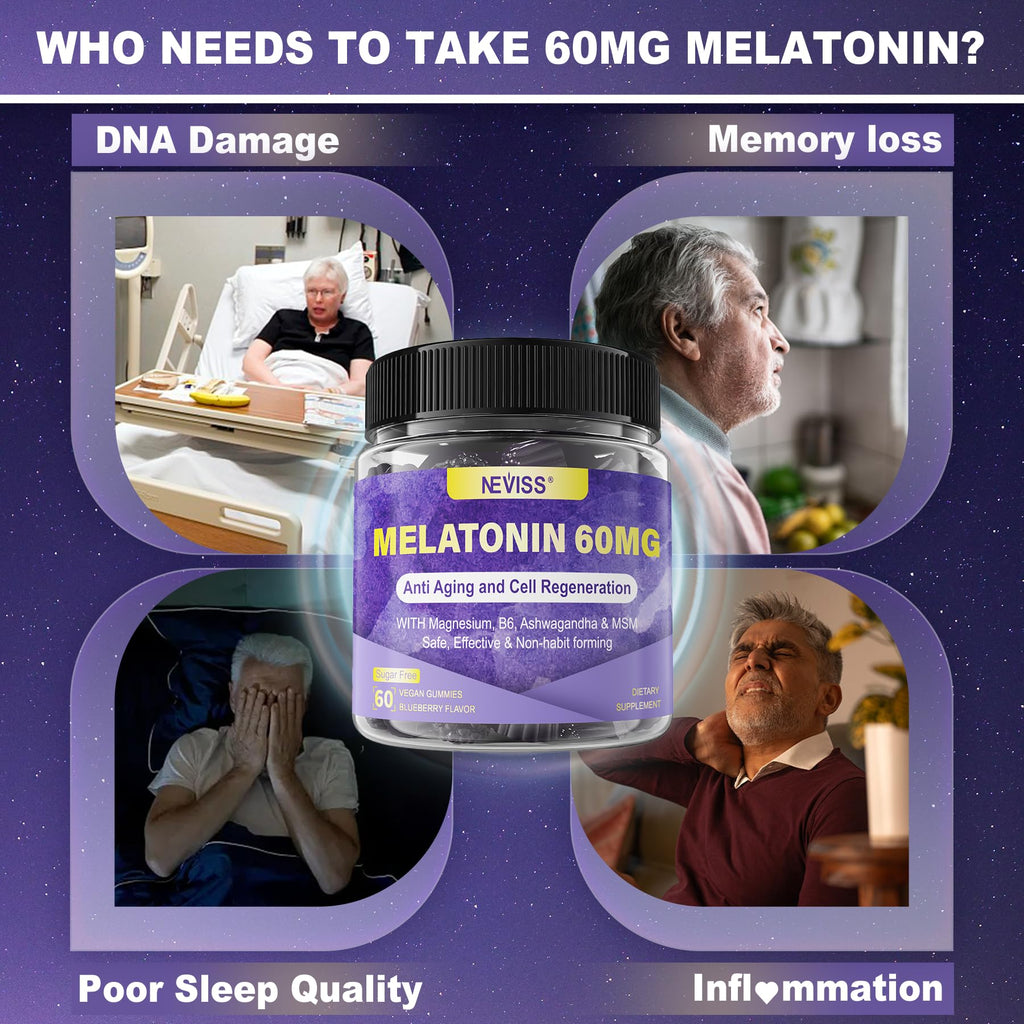 Antioxidant & Brain Support Melatonin 60mg 30mg for 50+ Adults | High Dose Melatonin for Anti-Aging & Immune | Extra Strength Melatonin Gummies with B6, Ashwagandha, Magnesium, MSM - 60 Gummies