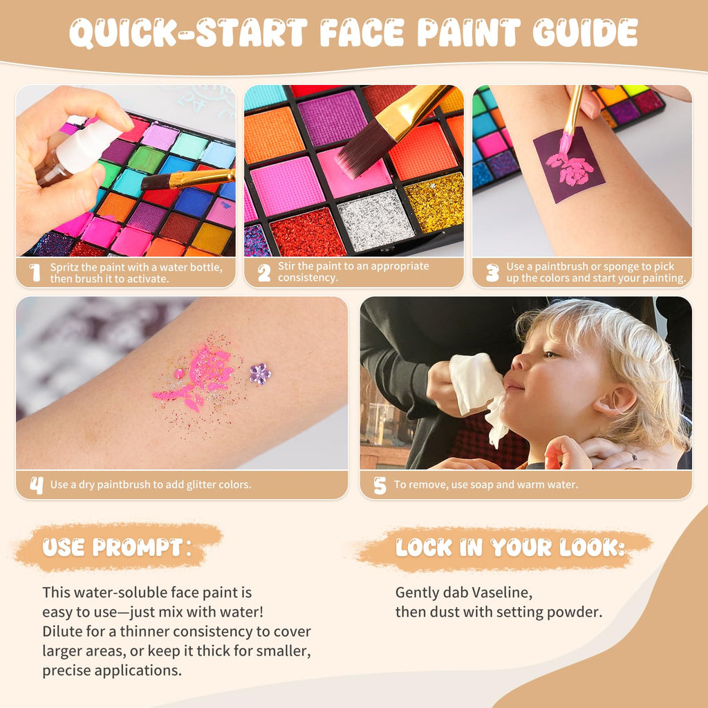 Pintada 54 Color Face Painting Kit for Kids - Non Toxic Water Activated Face Paint Palette with Stencils, Book, Brush & Sponges . For Halloween, Carnival, Party; Costume Makeup for Creative Activities