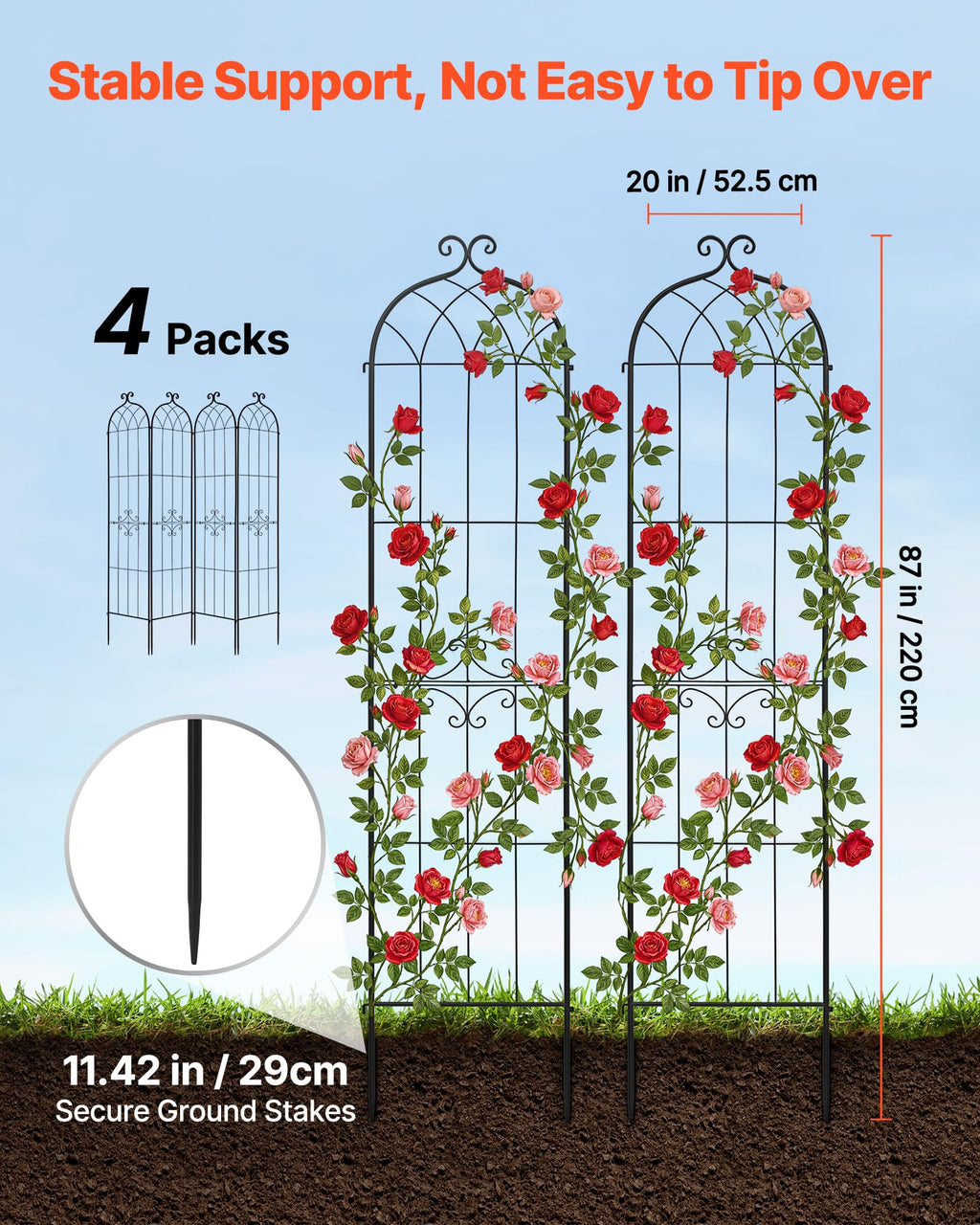 VEVOR 4 Packs Metal Garden Trellis for Climbing Plants Outdoor 87x21in, Rustproof Plant Tall Trellis for Rose Vine Flowers and Vegetables