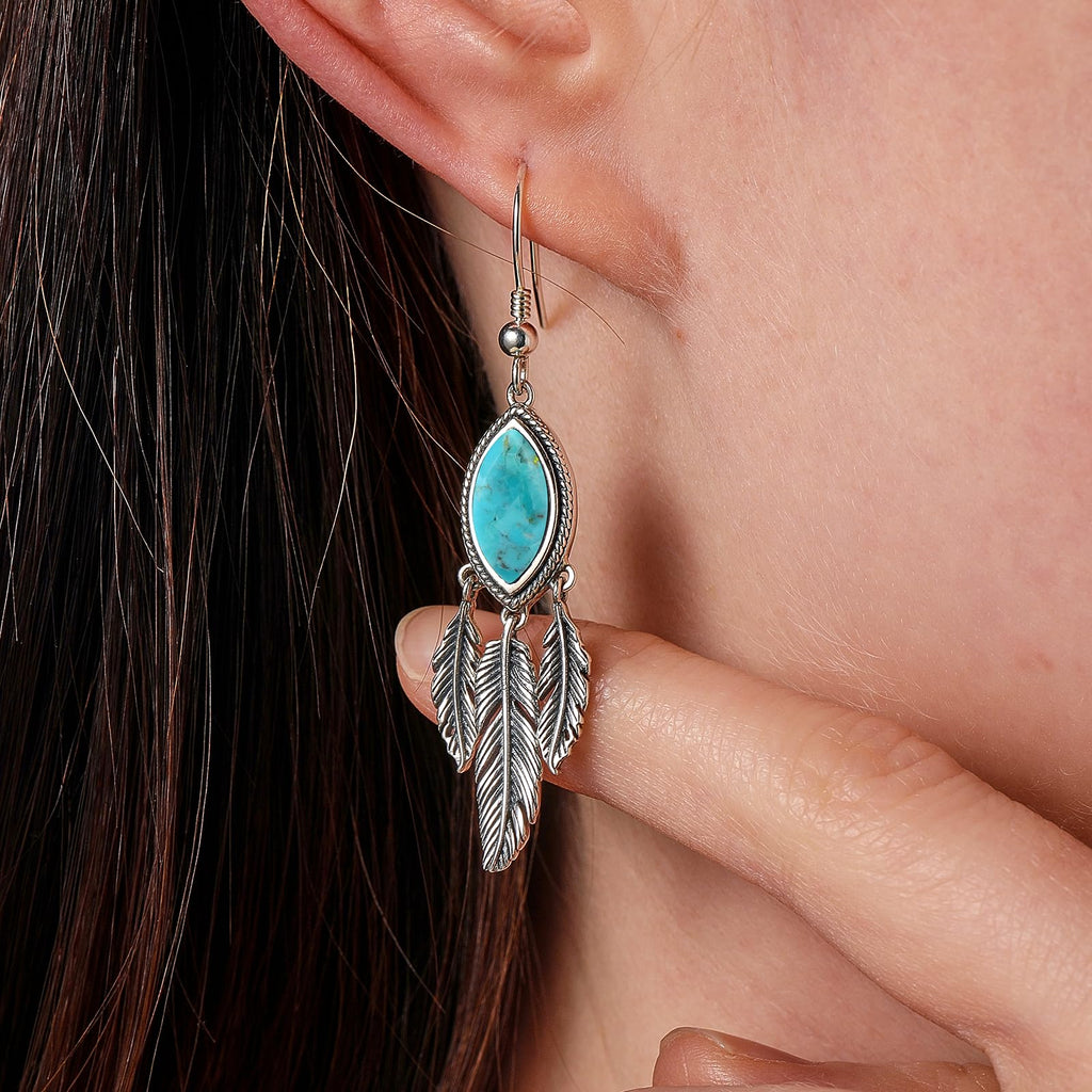 AVECON 2CT Marquise Turquoise Dangle Earrings for Women, Feather Jewelry