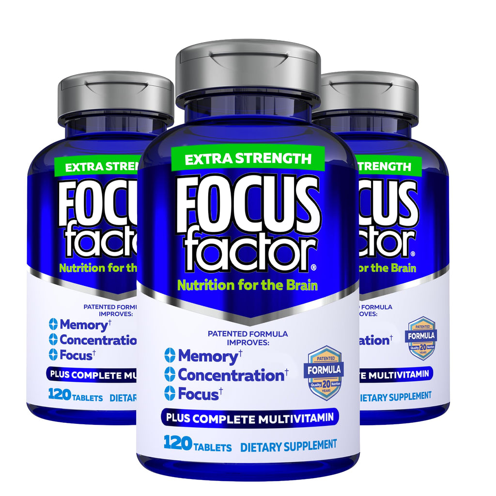 Focus Factor Adults Extra Strength, Brain Supplement for Memory, Concentration and Focus - Complete Multivitamin with DMAE, Vitamin D, DHA - Trusted Health Vitamins, 120 Count (Pack of 3)