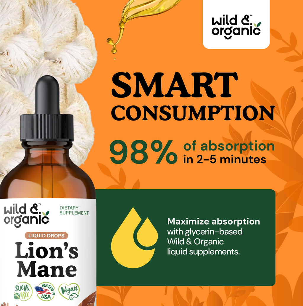 Wild & Organic Lions Mane Liquid Drops - Brain & Focus Support - 84-Day Supply - Lion's Mane Mushroom Supplement - Hericium Erinaceus Mushroom Drops - Sugar & Alcohol-Free Extract Tincture - 4 fl oz