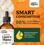 Wild & Organic Lions Mane Liquid Drops - Brain & Focus Support - 84-Day Supply - Lion's Mane Mushroom Supplement - Hericium Erinaceus Mushroom Drops - Sugar & Alcohol-Free Extract Tincture - 4 fl oz