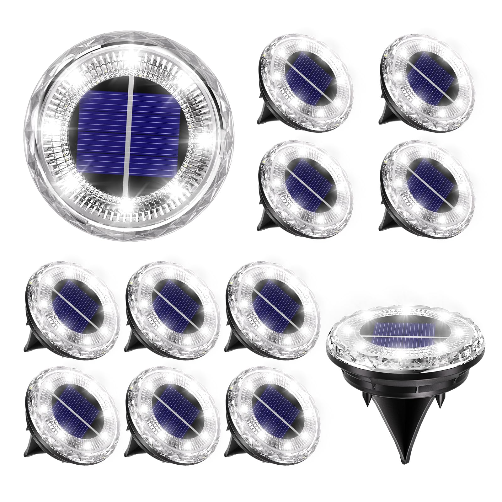 Krinzitt 12 Pack Mini Solar Powered Ground Lights, Bright LED Solar Lights Outdoor Waterproof for Landscape Decoration, Pathway Lighting for Garden Walkway Driveway（Cool White）