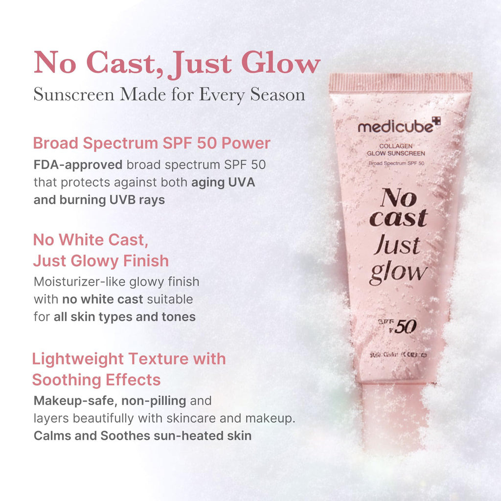 medicube No Cast Just Glow Collagen Sunscreen | SPF 50 Broad Spectrum Face Sunscreen | Lightweight, Non-Sticky, Hydrating Formula | Peptide, Cica for Soothing & Glow | Korean Skincare