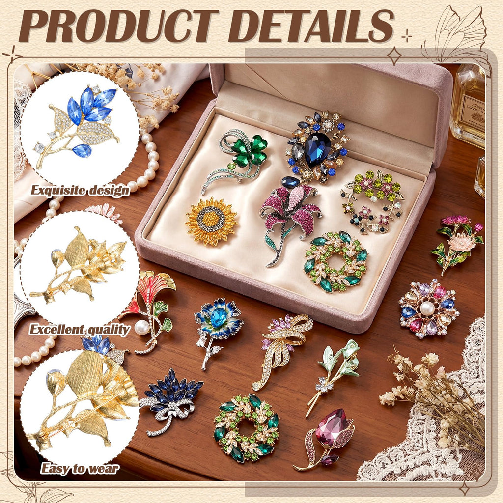 Sasylvia 16 Pcs Women Brooches Bulk Rhinestone Pins Set