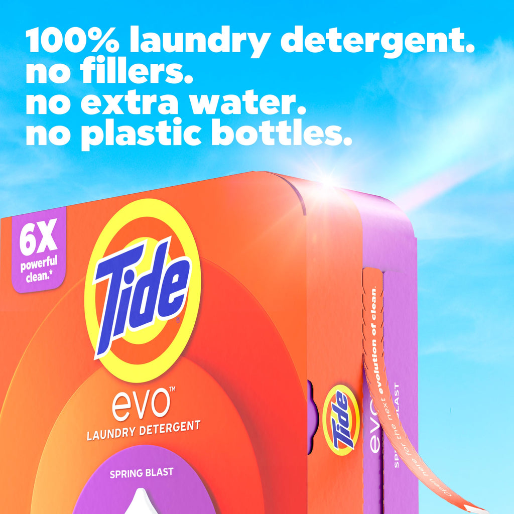 Tide evo Laundry Detergent Spring Blast Scent Works on 100% of Common Stains Concentrated Travel Detergent HE Compatible and Instant Dissolve Fights Stains Better than Leading Detergent Sheet 42 Count