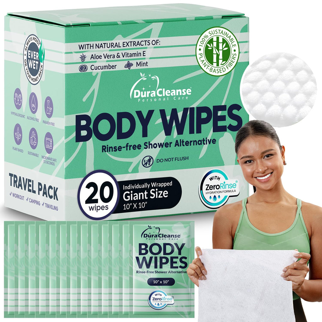 Travel Body Wipes for Women - 20 XL Shower Wipes for Adults Bathing No Rinse - Individually Wrapped 10”x10” Disposable Washcloths - Feminine Hygiene Essentials, Gym, Backpacking, Camping Must Haves