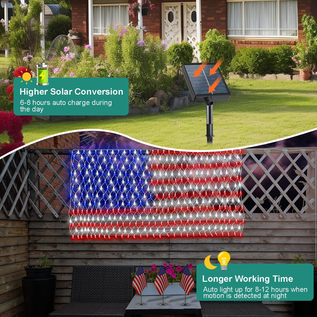 DBFAIRY Solar American Flag Lights Outdoor,420 LEDs American Flag Net Lights 6.5ft x 3.28ft Super Bright,Memorial Day Decorations of The United States for Independence/National/Memorial Day,July 4th