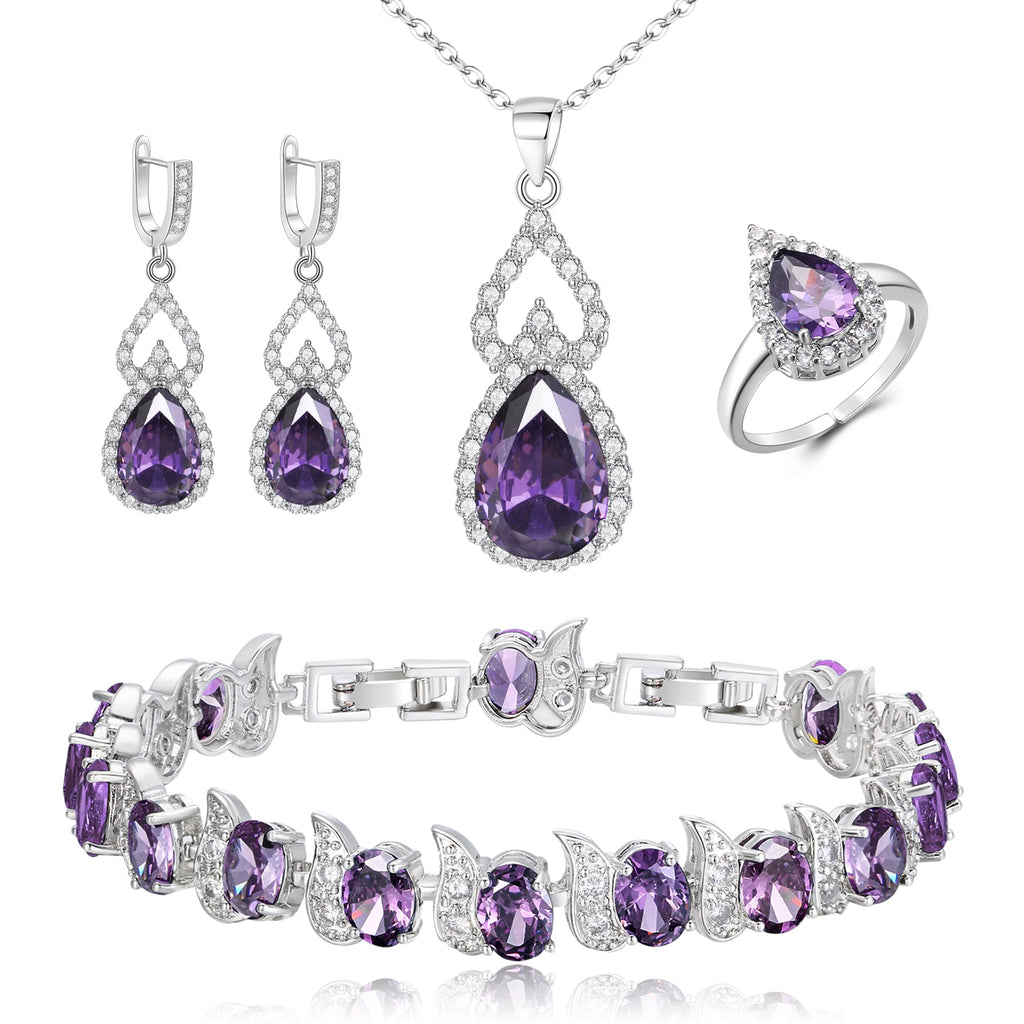 BriLove Wedding Jewelry Set for Women Bride Bridesmaid, Gorgeous Cubic Zirconia Teardrop Necklace Earrings Bracelet Adjustable Ring Set Gift for Birthday/Anniversary Purple Silver-Tone