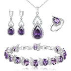 BriLove Wedding Jewelry Set for Women Bride Bridesmaid, Gorgeous Cubic Zirconia Teardrop Necklace Earrings Bracelet Adjustable Ring Set Gift for Birthday/Anniversary Purple Silver-Tone