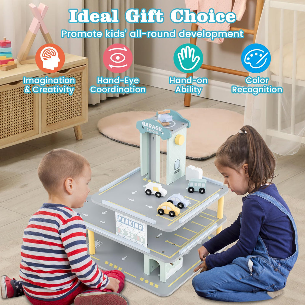 Costzon Toy Car Garage, Multi-Level Wooden Toy Garage with 4 Cars, Helicopter, Gas & Charging Station, Ramp & Working Elevator, Parking Garage for Toy Cars, Pretend Play Gift for Kids Toddlers 3+