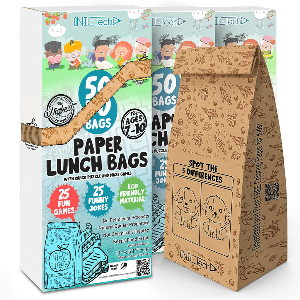 NIL-Tech Paper Bags for Small Business 150 Count (3 Pack) — Disposable Brown Kraft Lunch Bags for Schools, Bakeries & To Go | Games Printed | Food Safe Bulk Paper Bags | 6LB