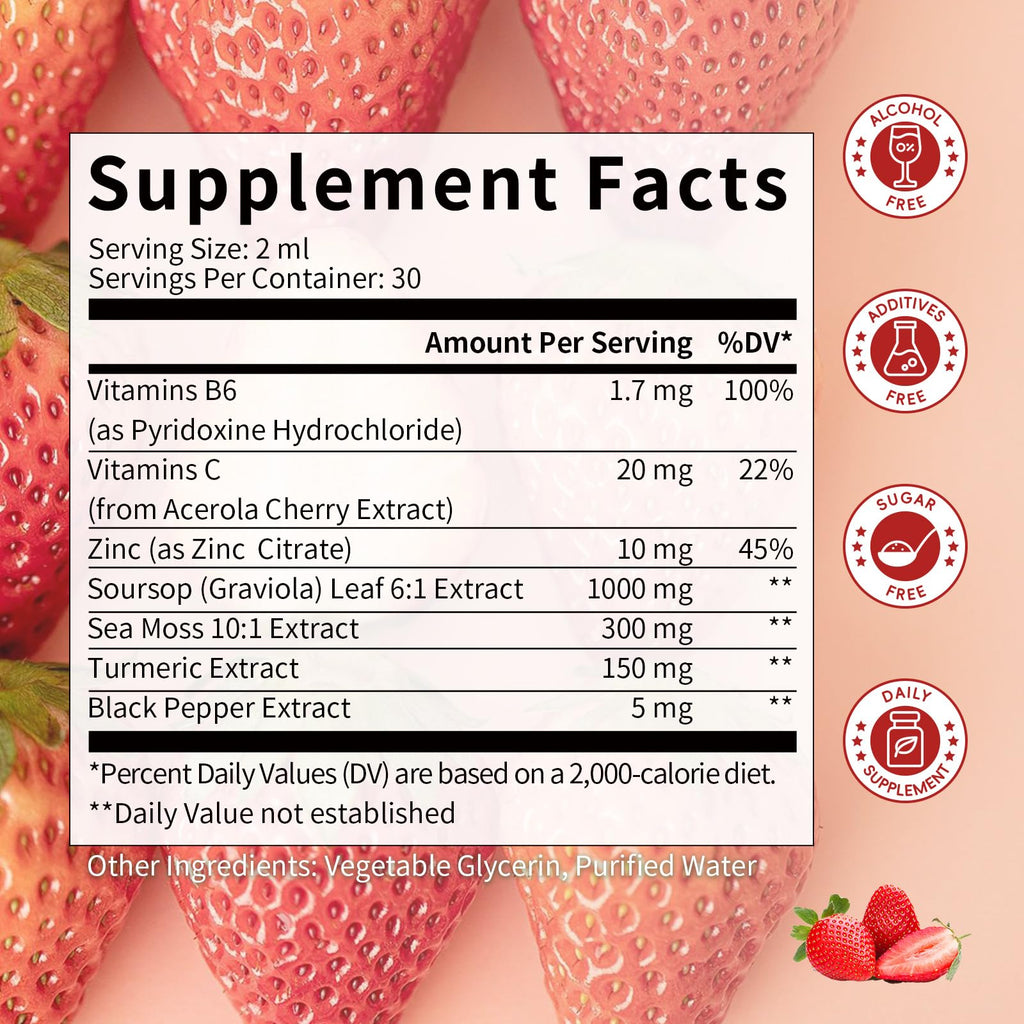 Catfit Soursop Graviola Liquid Drop – Soursop Bitters Liquid Drops with Sea Moss, Turmeric & Zinc, for Cell Support, Antioxidant, Relaxation & Immune Boost, Strawberry Flavor, 2 Fl Oz