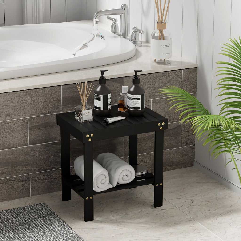 Glavbiku Bamboo Shower Bench, Shower Stool for Shaving Legs with Non-Slip Feet Storage Shelf Safe and Stable, Kids Adults Sauna Chair for Spa, Bathroom, Bedside, Living Room, Outdoor Side Table