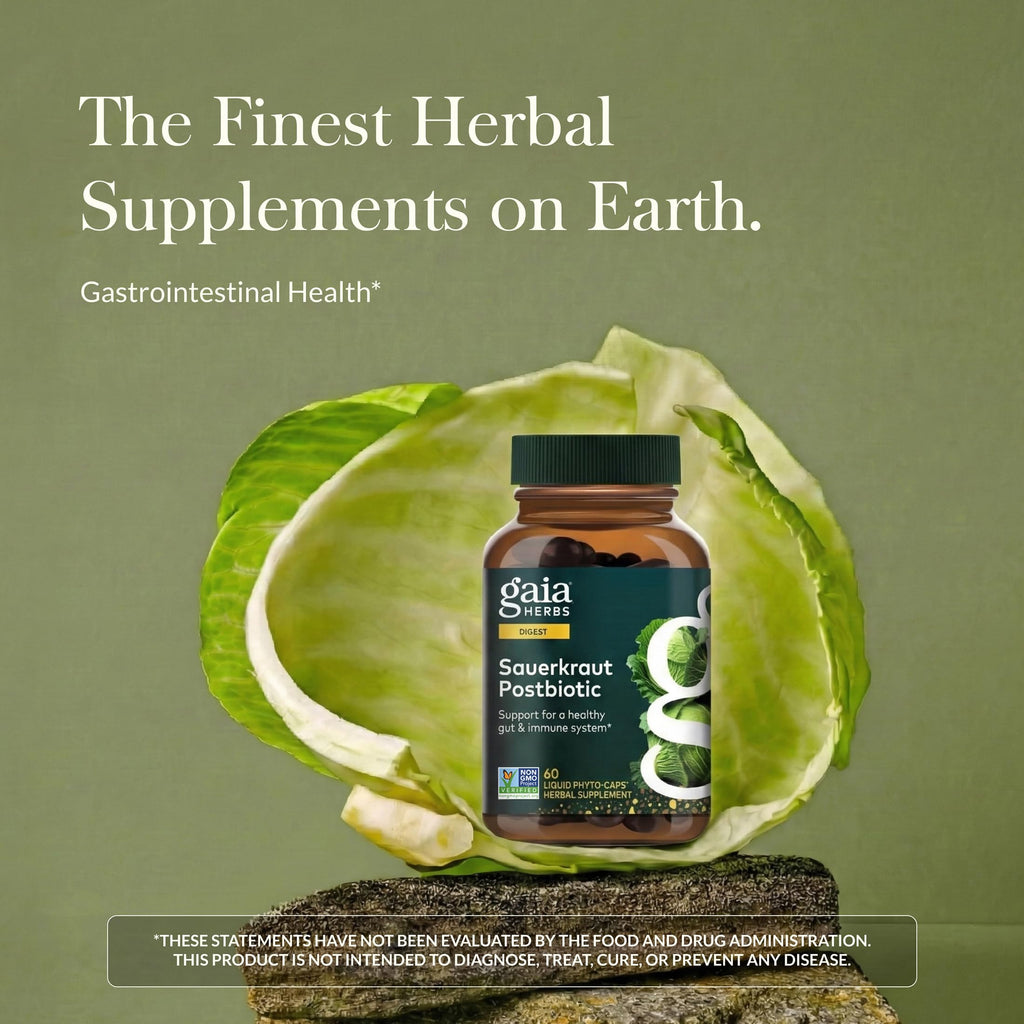 Gaia Herbs Sauerkraut Postbiotic - Gut Health & Immune Support Supplement* - Made with Fermented Sauerkraut - Free from Dairy, Soy & Gluten - 60 Vegan Liquid Phyto-Caps (30 Servings)