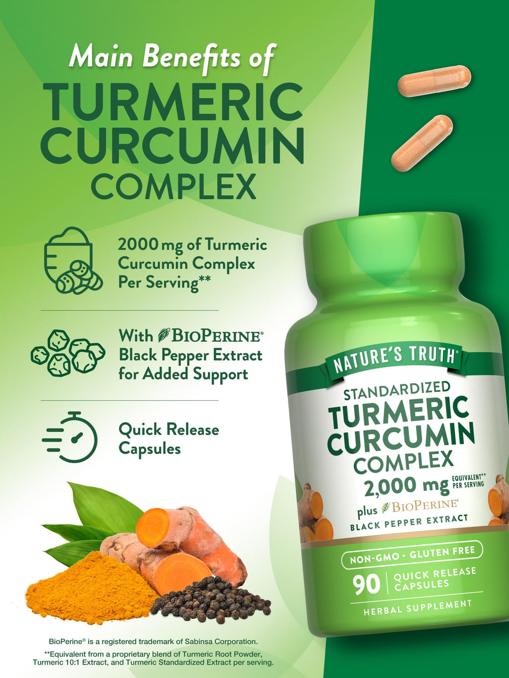 Nature's Truth Turmeric Curcumin Capsules | 90 Count | with 95% Standardized Curcuminoids and Bioperine | Non-GMO and Gluten Free Supplement