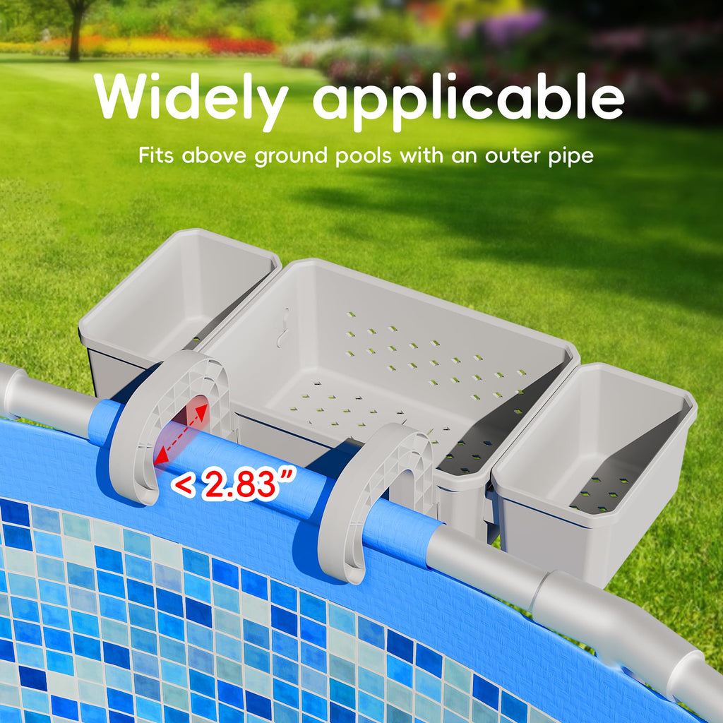 SHAPON 2026 Upgrade 2 Sets Poolside Storage Basket with 2 Cup Holders, Pool Drink Holder Stretchable Organizer for Drinks & Pool Supplies, Above Ground Pool Accessories for Most Frame Swimming Pools