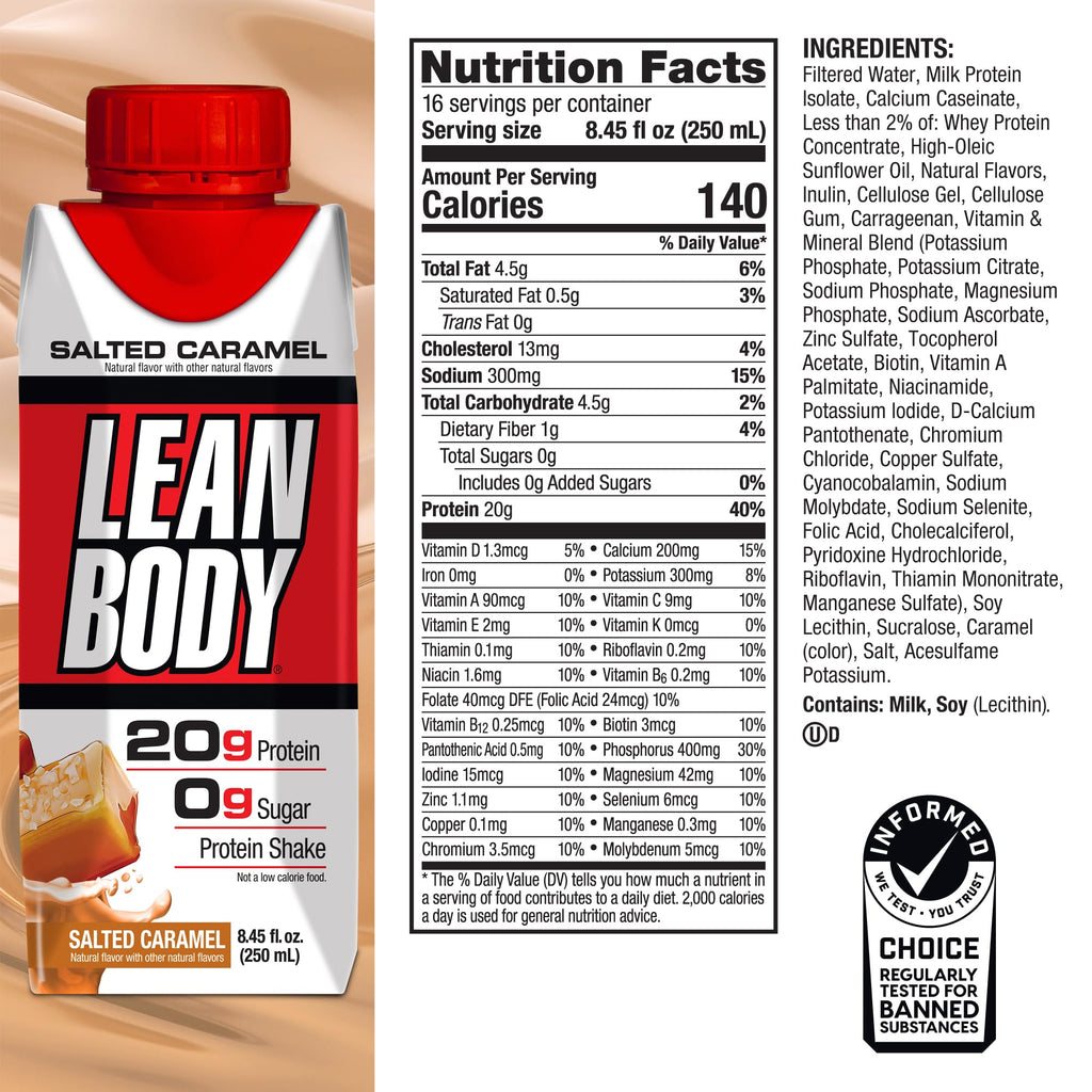 Lean Body Ready-to-Drink Salted Caramel Protein Shake, 40g Protein, Whey Blend, 0 Sugar, Gluten Free, 22 Vitamins & Minerals, 17 Fl Oz (Pack of 12)