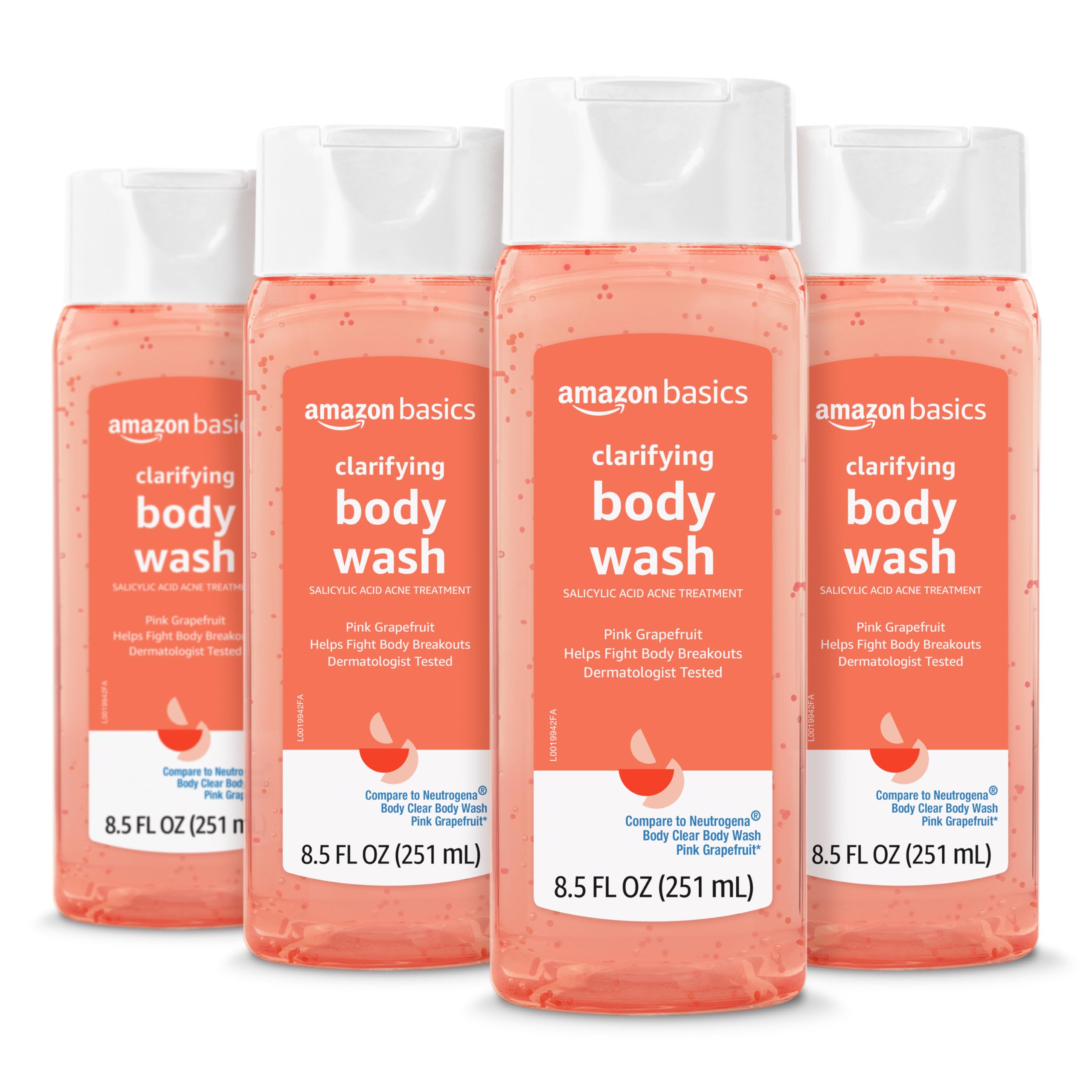 Amazon Basics Clarifying Pink Grapefruit Body Wash, 2% Salicylic Acid Acne Treatment, Foaming, Refreshing, Prevents Breakouts, Dermatologist Tested, 8.5 fl oz, 4-Pack (Previously Solimo)