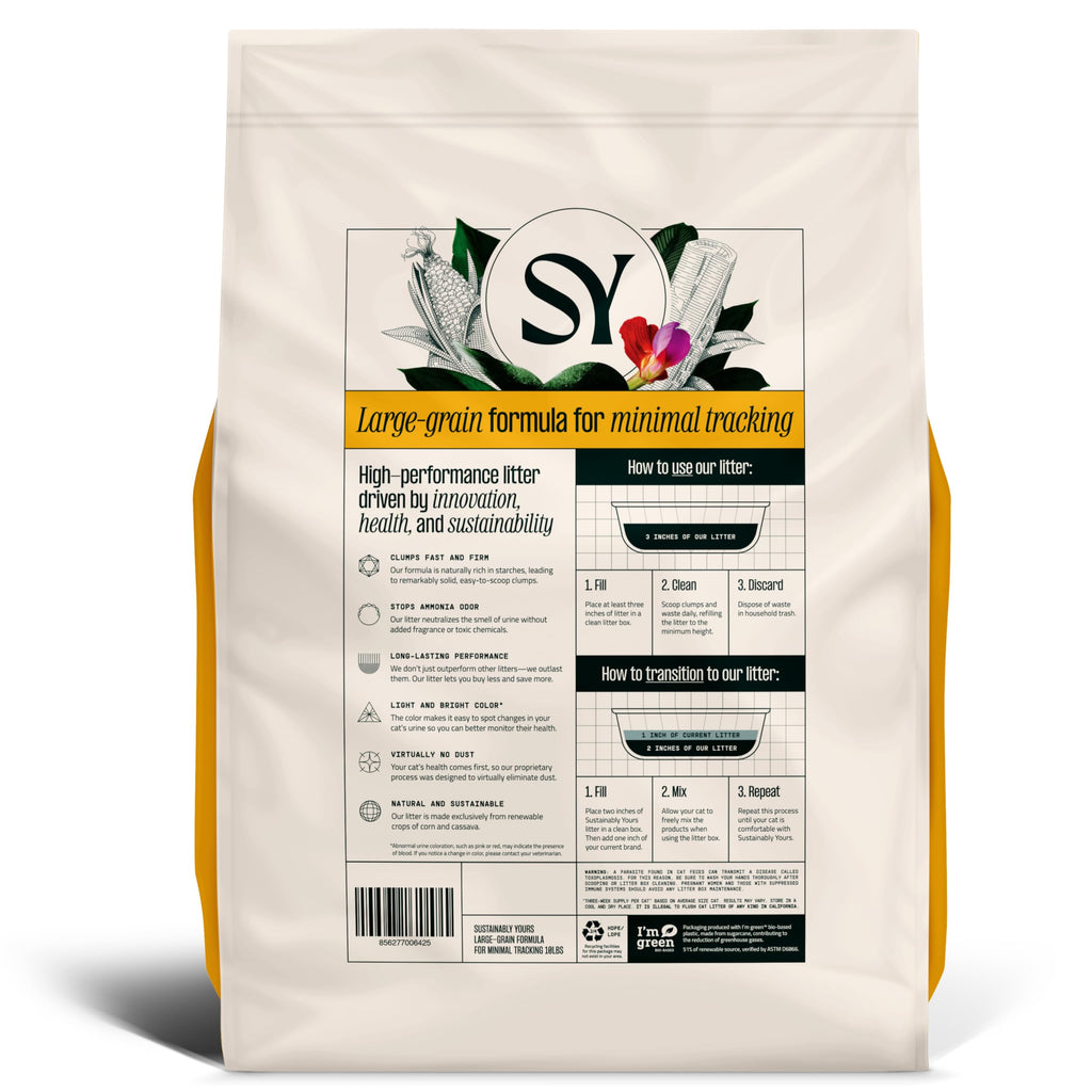 Sustainably Yours Natural Cat Litter, Large-Grain Formula, Low Tracking, Exceptional Clumping & Odor Control, Virtually No Dust, Corn & Cassava Plant-Based, Unscented, 10 lbs