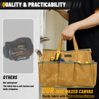 16OZ Waxed Canvas Tool Tote Bag | Large-Capacity Tool Storage Tote with 10 External Pockets | Multi-Purpose Garden Tool Carrier for Gardening, Wrench, and Carpentry Tools – Khaki