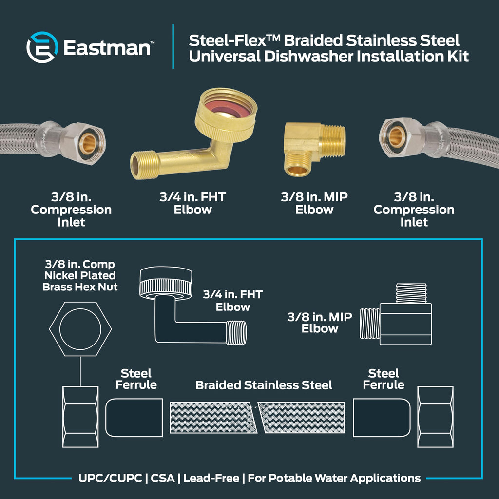 Eastman 4 Ft. Dishwasher Installation Kit, Braided Stainless Steel Supply Line with 3/8 Inch Compression Ends, 41037
