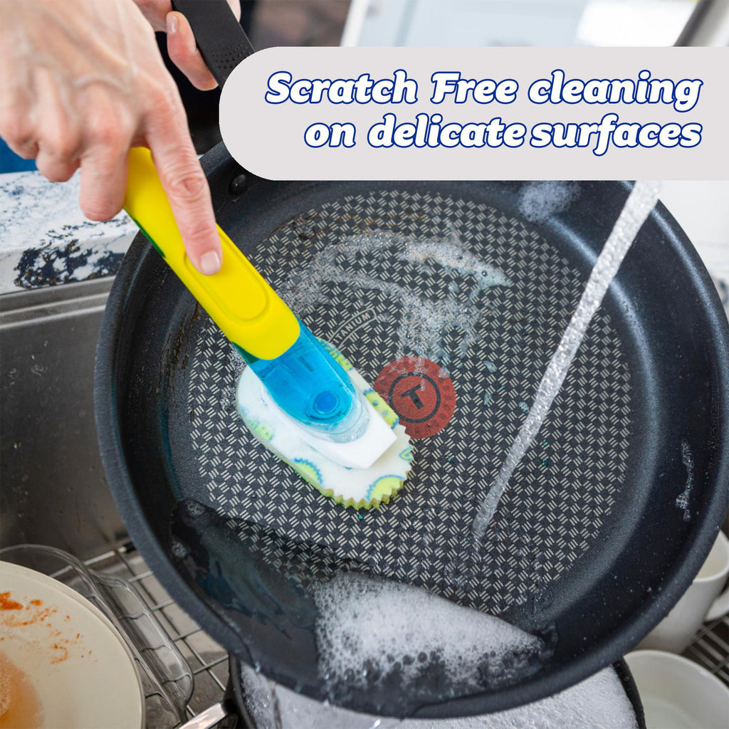 Scrub Daddy Dish Daddy Dish Wand & Connector Head, Soap Dispensing Dish Brush, Texture Changing Washing Up Sponge With Liquid Handle, Dish Sponge with Built-in Scraper, Scrubbing Head & Stand - Yellow