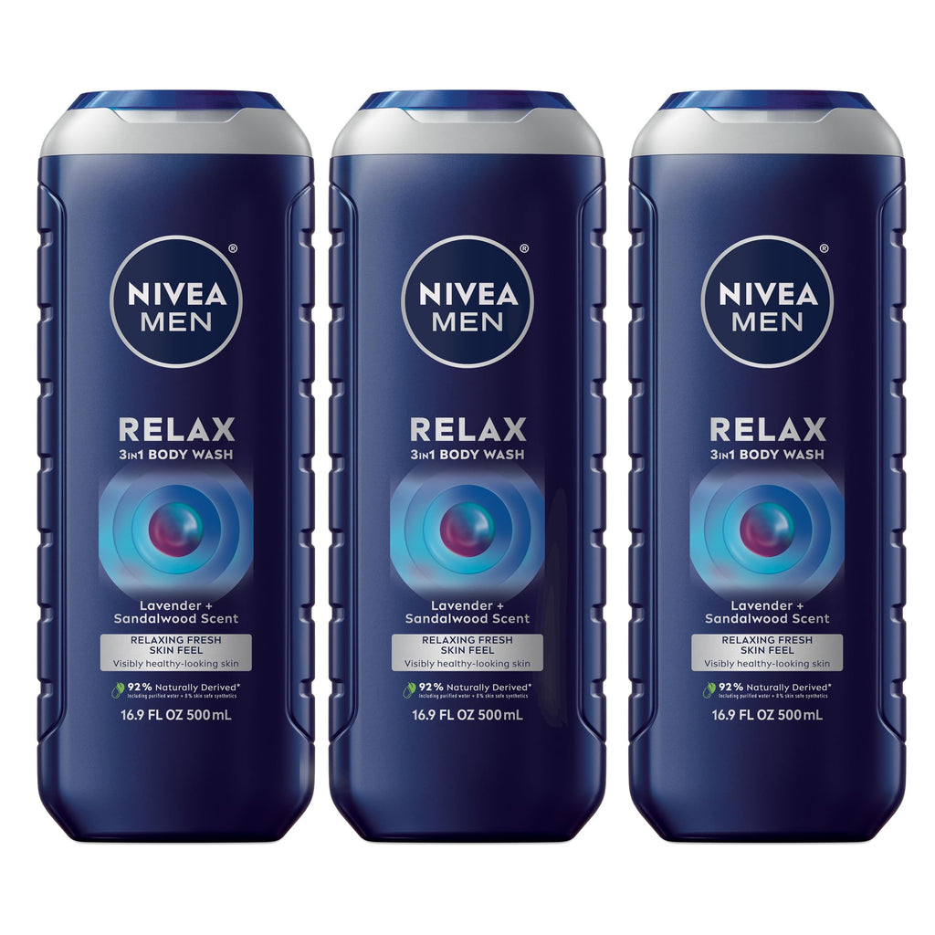 NIVEA MEN Relax Body Wash, Lavender and Sandalwood Scent, 3-in-1 Men's Body Wash, Face and Hair, Paraben Free, Vegan Formula, pH-Skin Friendly, 16.9 Fl Oz Bottle, Pack of 3
