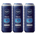 NIVEA MEN Relax Body Wash, Lavender and Sandalwood Scent, 3-in-1 Men's Body Wash, Face and Hair, Paraben Free, Vegan Formula, pH-Skin Friendly, 16.9 Fl Oz Bottle, Pack of 3