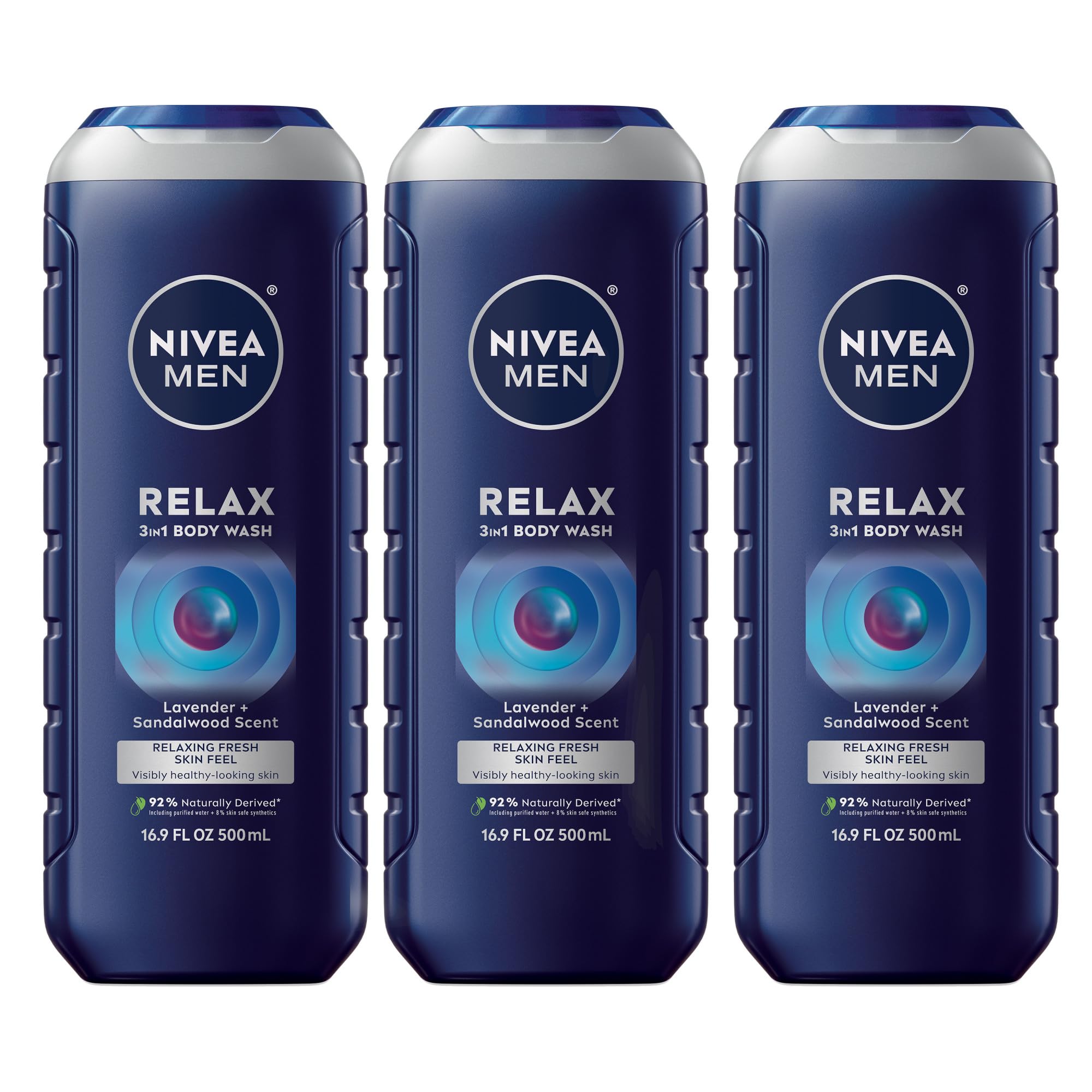 NIVEA MEN Relax Body Wash, Lavender and Sandalwood Scent, 3-in-1 Men's Body Wash, Face and Hair, Paraben Free, Vegan Formula, pH-Skin Friendly, 16.9 Fl Oz Bottle, Pack of 3