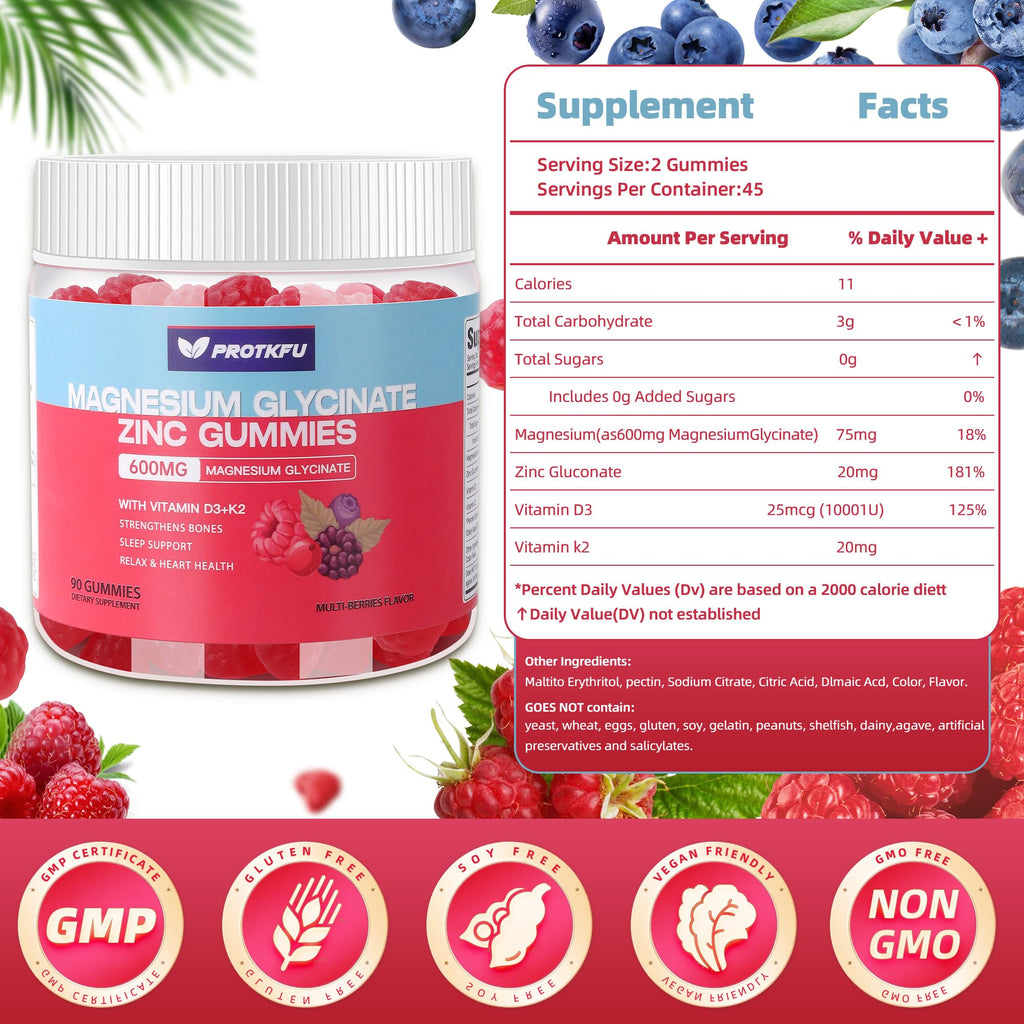 90 CT Magnesium Glycinate Gummies 600mg, Sugar Free Magnesium Gummies w/Zinc & Vitamin D3 - Magnesium Supplements for Sleep, Supports Bone Health, Nerve & Immune Function
