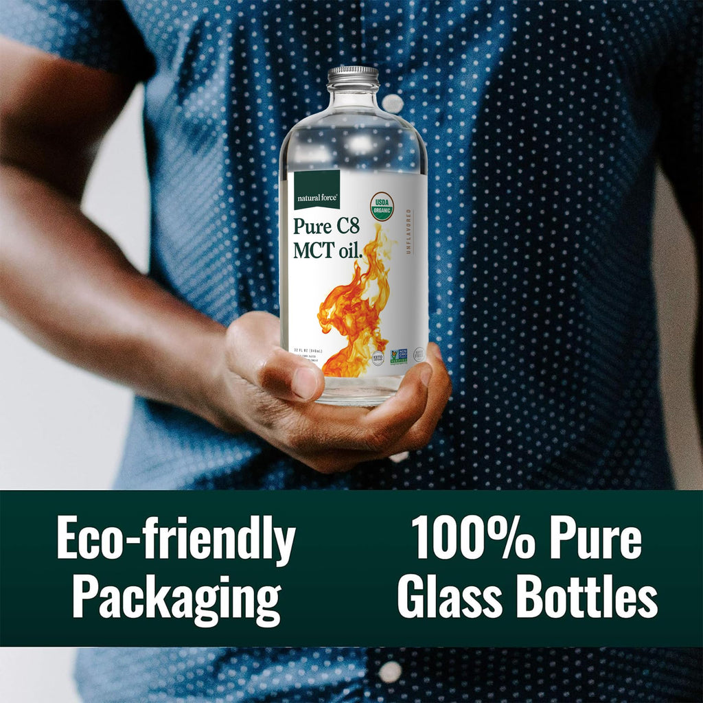 Natural Force Organic Pure C8 MCT Oil – Liquid MCT Oil in Glass Bottle Container – Concentrated Caprylic Acid – Keto, Paleo, Kosher, Vegan & Non-GMO – Lab Tested for Quality and Purity, 32 Ounce