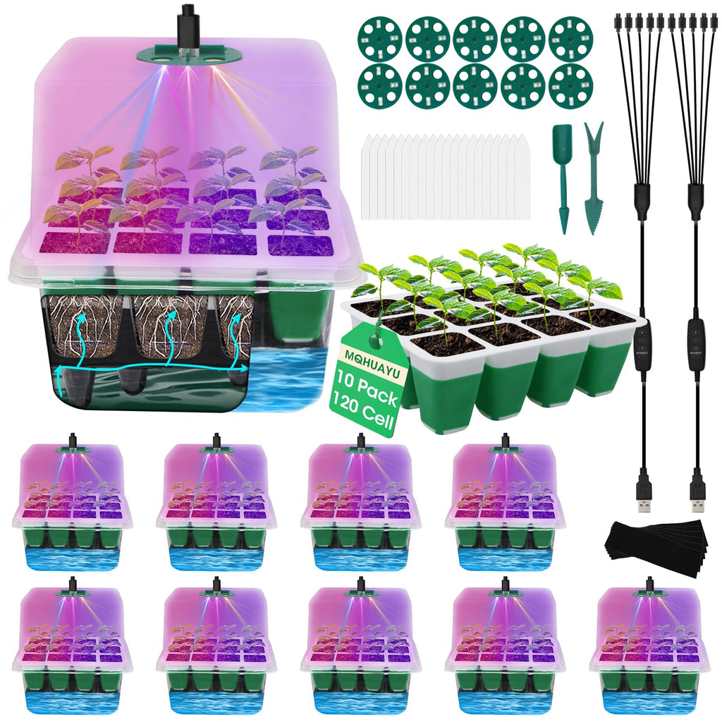 MQHUAYU 10-Pack Self Watering Seed Starter Tray with Grow Light 120Cell