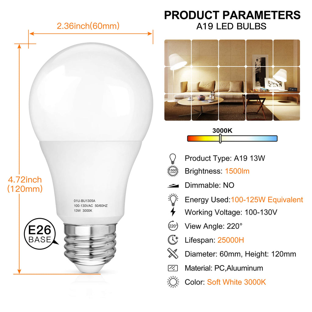 MAXvolador A19 LED Light Bulbs 100-125 Watt Equivalent, 3000K Soft White LED Bulb 13-Watt,1500 Lumens, E26 Standard Base,No Flicker, Non Dimmable, Pack of 12
