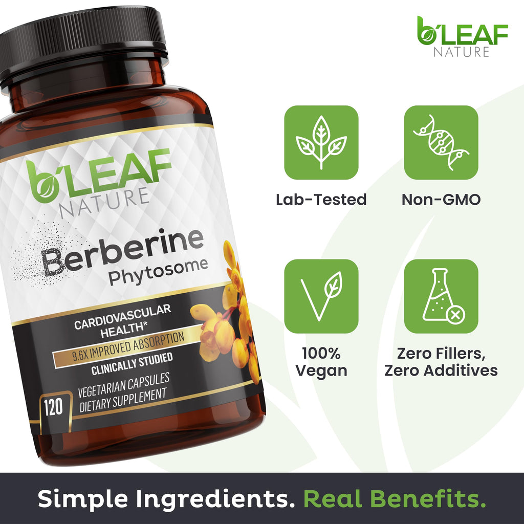 B’Leaf Nature Berberine Phytosome, 120 Capsules – 1100mg Berberine Supplement for Metabolic and Cardiovascular Support – Vegan, Gluten-Free, Non-GMO Berberine Phytosome Capsules for Immune Wellness