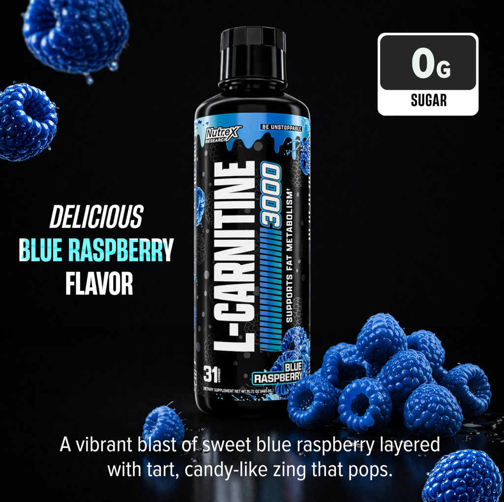 Nutrex Research L Carnitine 3000 - Clinically Dosed L-Carnitine Liquid for Energy, Metabolism & Muscle Recovery - No Sugar, No Carbs, No Stimulants - 31 Servings (Blue Raspberry, 31 Servings)