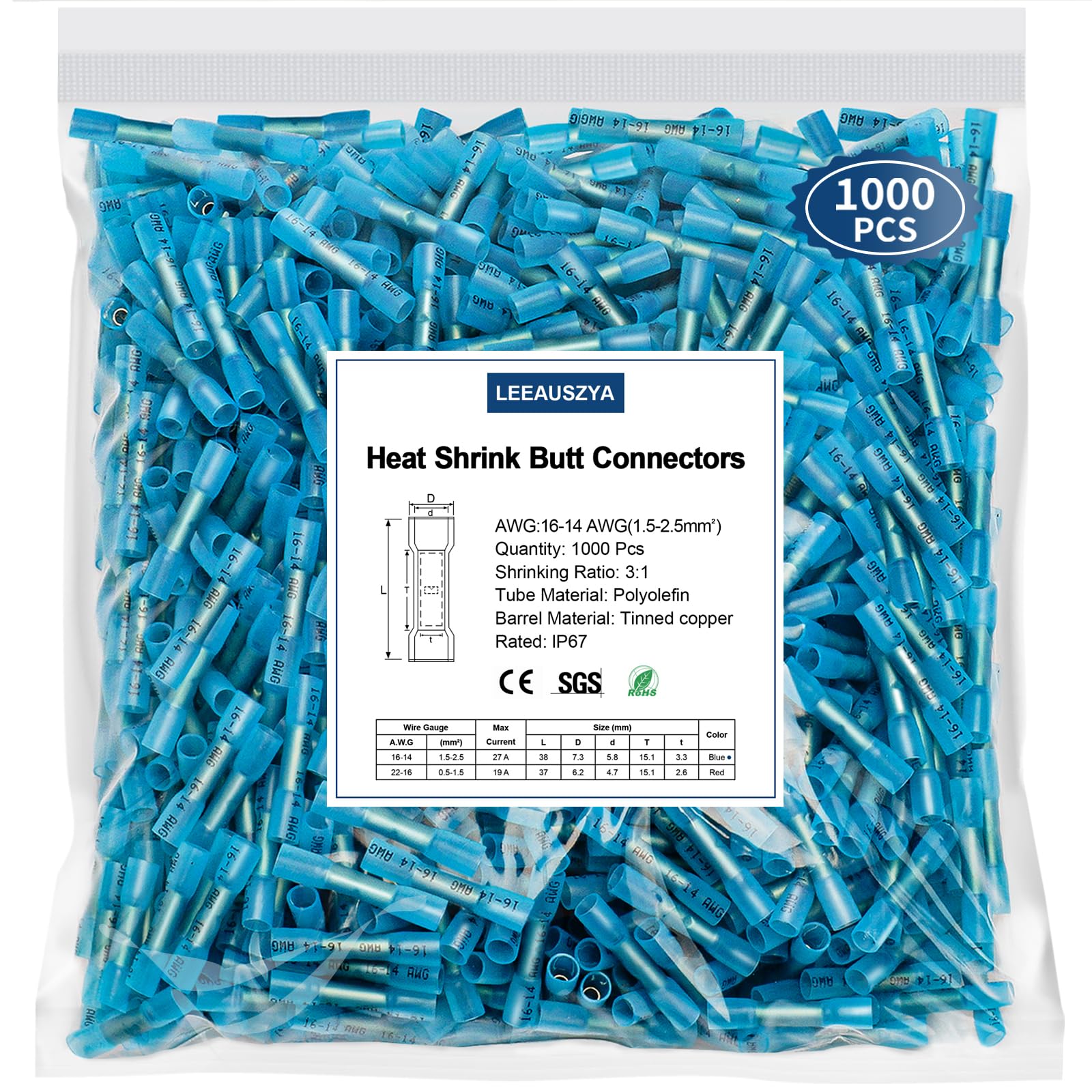 1000 Pcs Heat Shrink Butt Connectors, 16-14 AWG Waterproof Electrical Insulated Crimp Wire Splice for Boats, Automotive, Marine, Home, Garage, Industrial Wiring