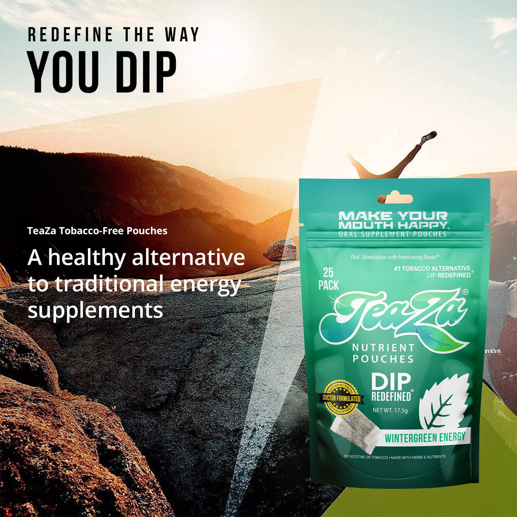 Teaza Herbal Energy Pouches Tobacco Alternative Nicotine Free Dip, Alternative Snuff Healthy Dip Pouches, Wintergreen Energy (2 Pack)
