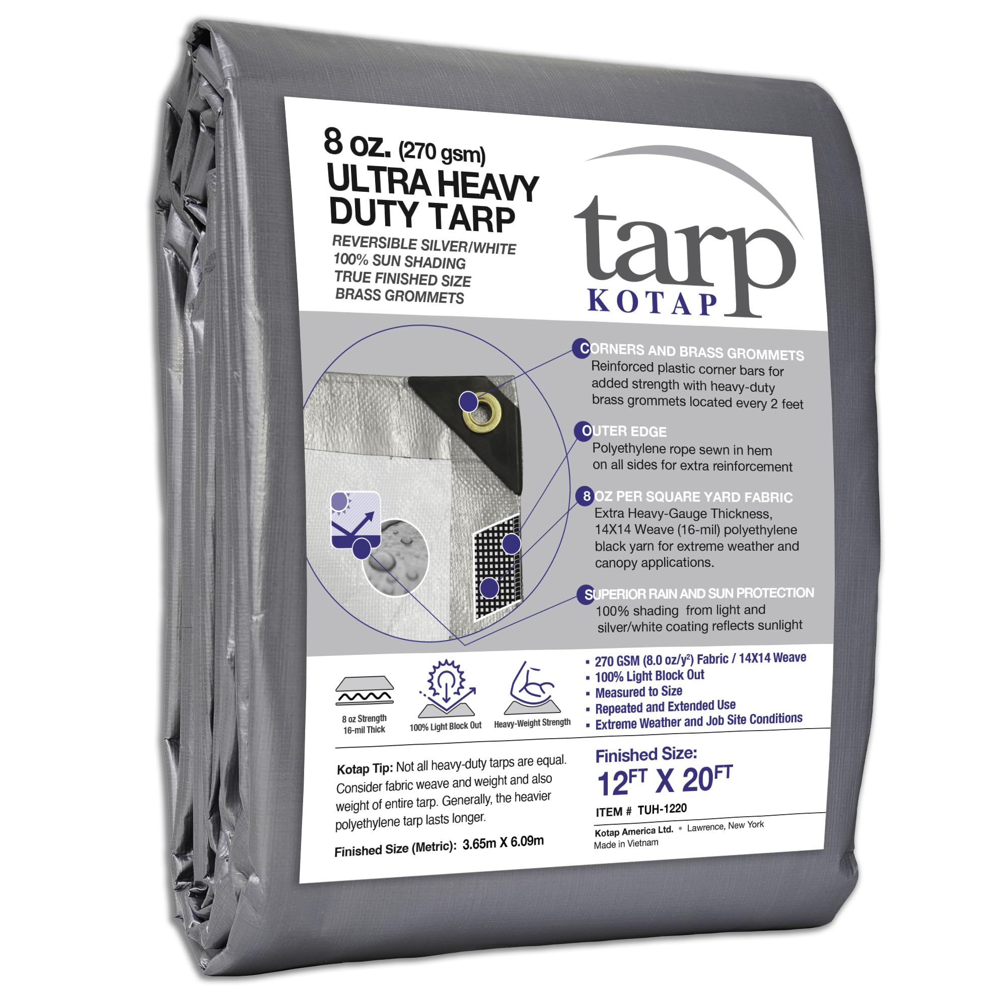 Kotap 12 x 20 Ft. Ultra Heavy-Duty Protection/Coverage Tarp, Superior Weave for Greater Longevity, 16-mil, Reversible, Multi-Use, Waterproof, Silver-White, 1-Pack (TUH-1220)