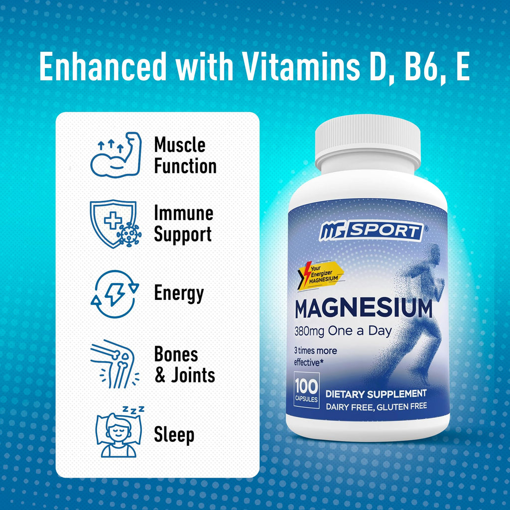 MGSPORT Magnesium Supplement 380mg - High Absorption Magnesium Complex Formula with Vitamins B6, D, E - Supports Muscle Function and Sleep Quality - 100 Servings