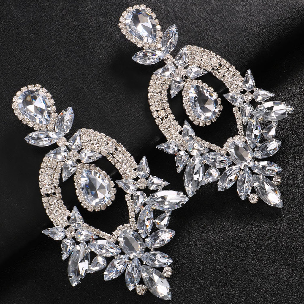 XSBODY Costume Silver Large Rhinestone Earrings Dangling Trendy Bling Oversized Statement Earrings For Women Formal (Silver-01)