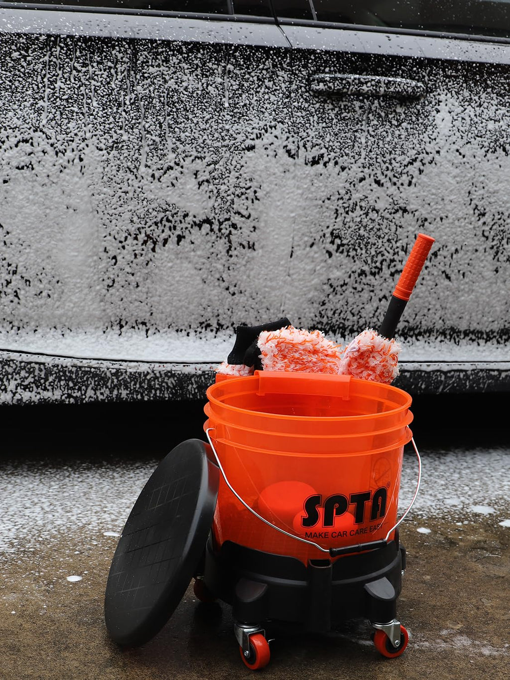 SPTA Bucket Dolly with 5 Wheels, Car Wash Bucket Roller, Easy Push Rolling Barrel Dolly System for Washing, Waxing, Removable Bucket Mover, Polishing Car Accessories Black