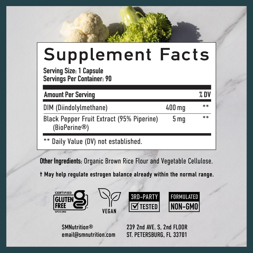 DIM Supplement 400MG Extra Strength | Hormone Balance for Men and Women | Menopause, Acne, Hot Flashes Relief, Prostate Support & Antioxidant Support | Soy-Free, Gluten-Free | SMNutrition | 90 Ct.