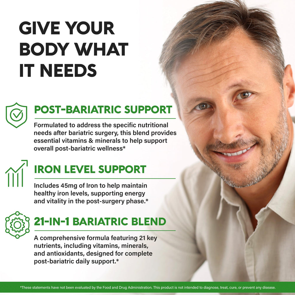Bariatric Multivitamin - 45 mg Iron Supplements - Made in USA - for Women & Men - All-in-One, 21 Essential Vitamins - Gastric Sleeve Support - Free of Sugar, Gluten & Soy - 180 Capsules, Once Daily