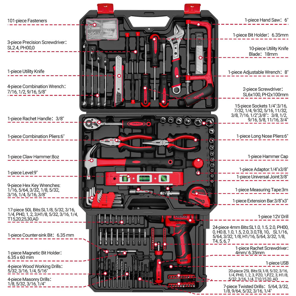 Drill Tool Set：Tool Kit with 12V Power Cordless Drill Hand Repair Tools Box with Drill, Home Tool Kits for Men & Women, Hand Drill Set Perfect for Homeowner, Diyer, Handyman - Red