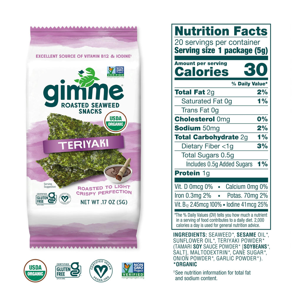 Gimme Seaweed Organic Roasted Seaweed Snack, Teriyaki, .17oz, 20 Count