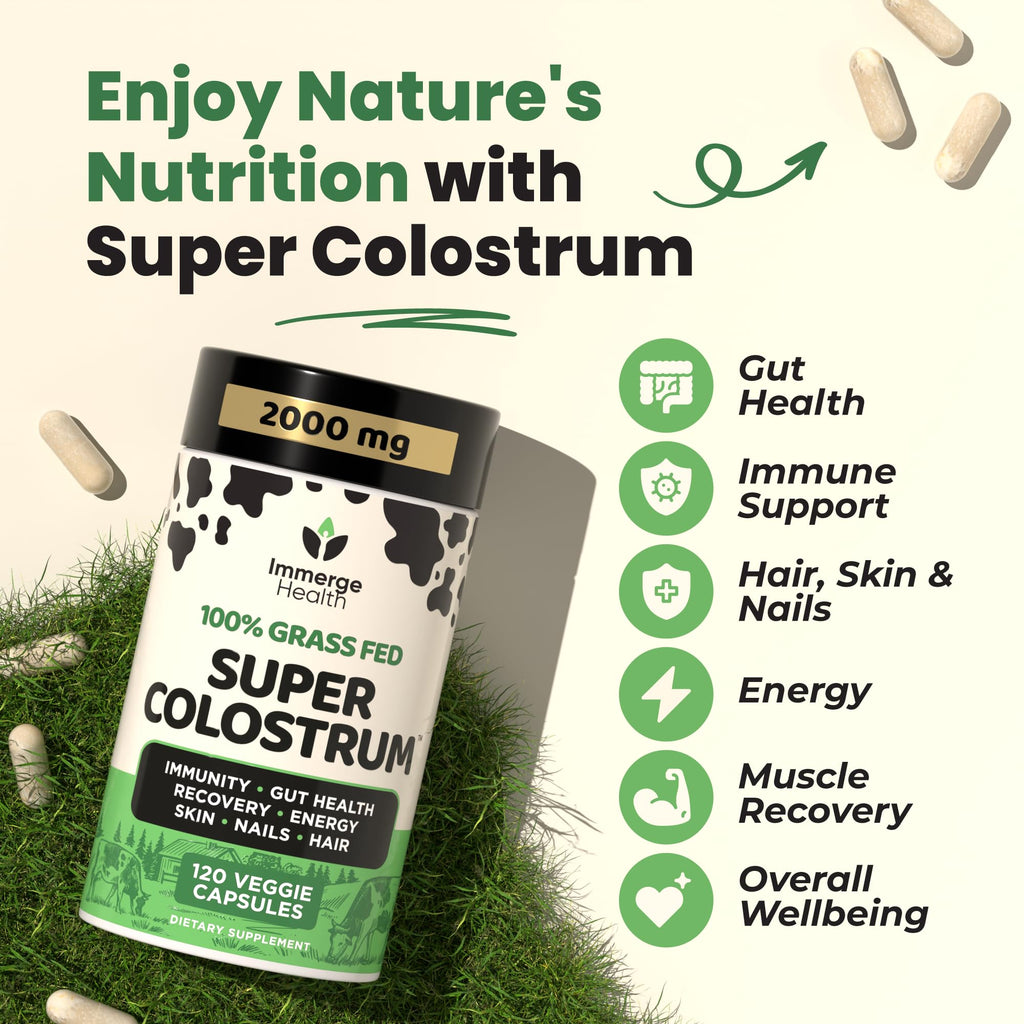 Immerge Health Super Colostrum Capsules - 120 Count High IgG Bovine Supplement for Gut Health, Hair Growth, Bloating & Immunity - 100% Grass Fed First Milking, Tasteless & Travel Friendly, USA Made