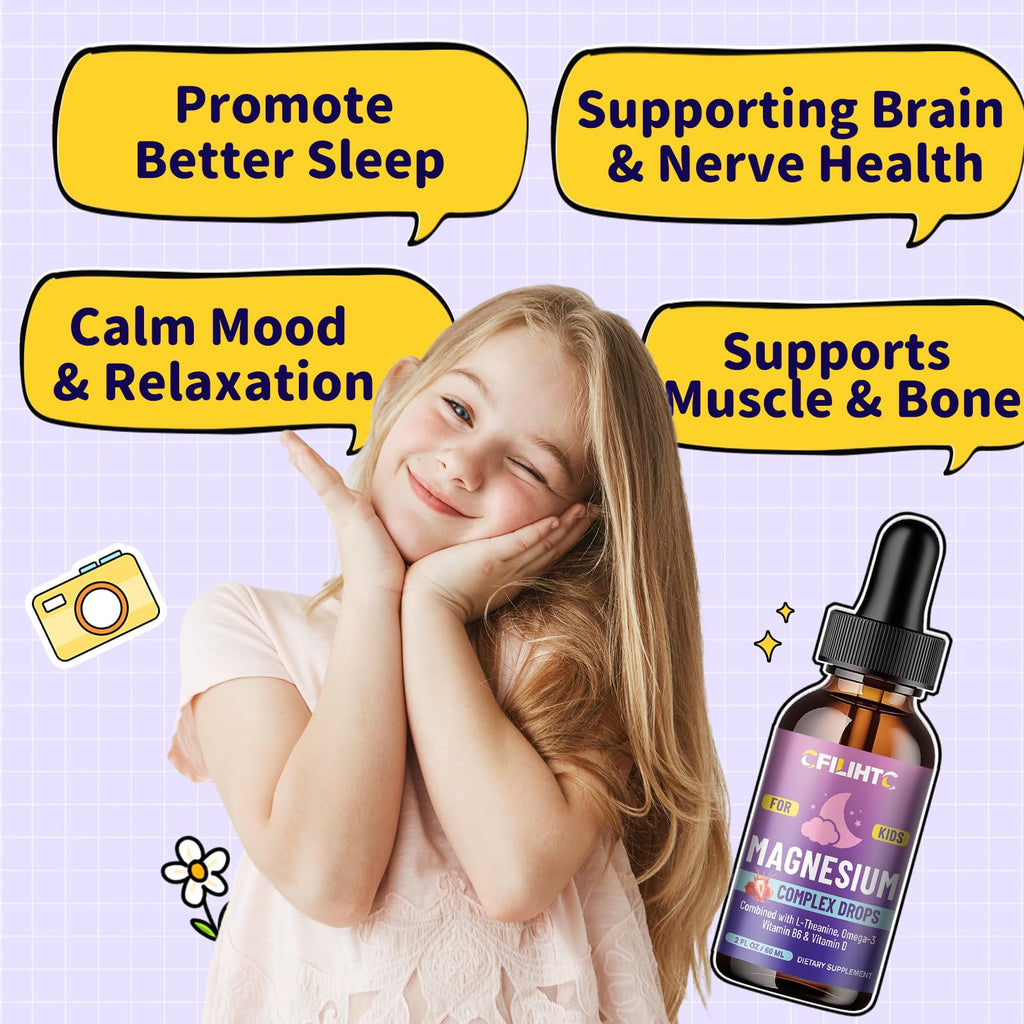 Kids Magnesium Liquid Drops-Magnesium Glycinate Liquid for Kids Supplement-w/L-theanine, Omega-3, Vitamin B6, D3 - for Sleep, Relaxation, Brain, Bones - 4 Fl Oz Children's Calm